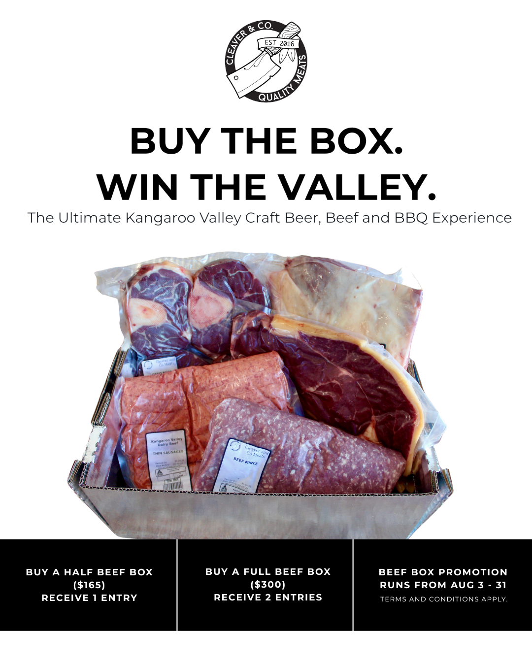 Official Cleaver & Co. poster: Buy the Box, Win the Valley — the ultimate Kangaroo Valley Craft Beer, Beef and BBQ Experience, Beef Box promotion