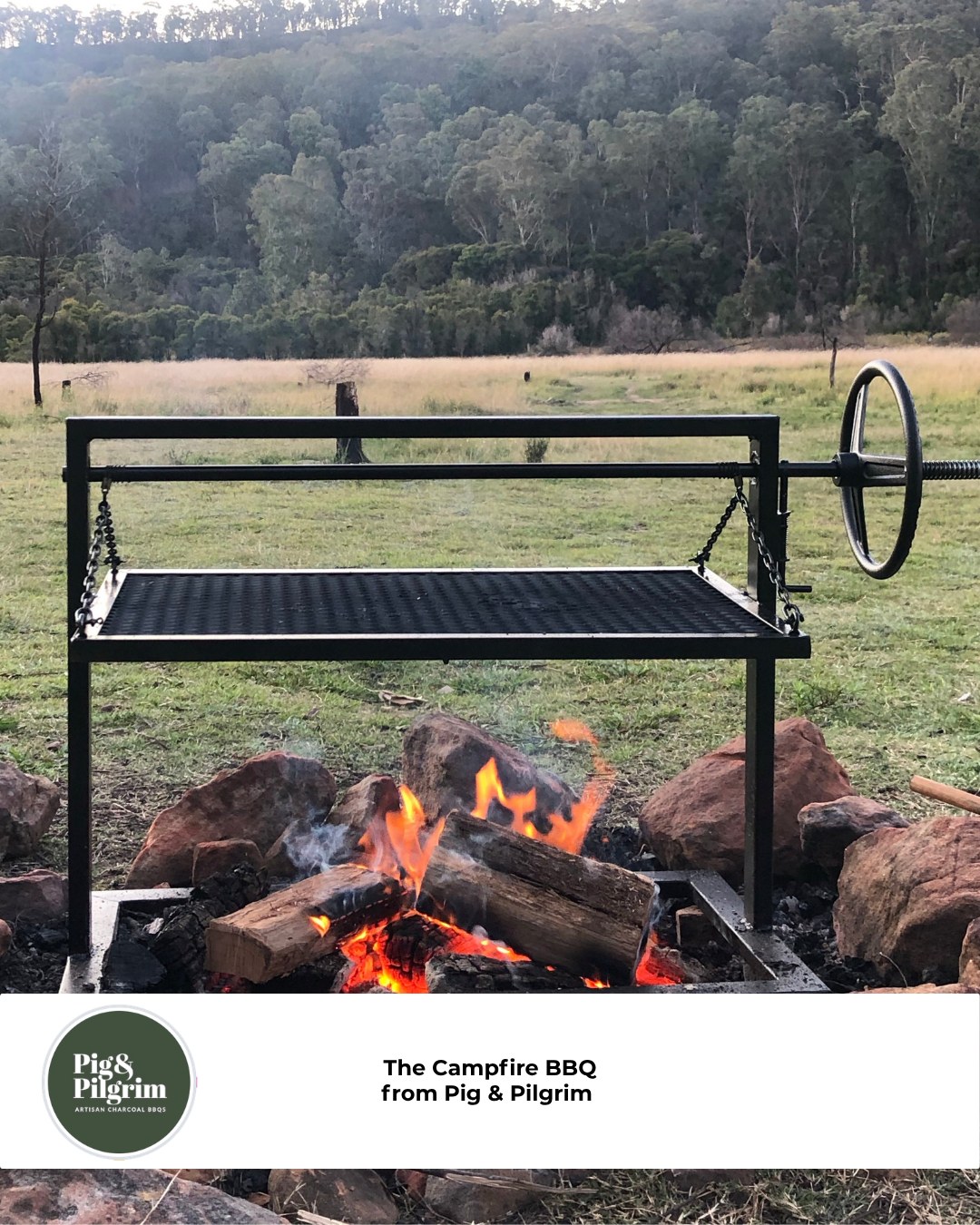 The Campfire BBQ from Pig & Pilgrim, live-fire grill set up in a paddock